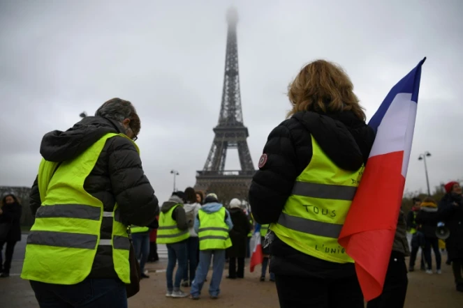 Des "gilets jaunes" manifestent au pied de la Tour Eiffel à Paris, le 20 janvier 2019