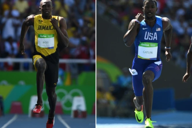 Photo montage du Jamaïcain Usain Bolt (g) et de l'Américain Justin Gatlin lors des séries du 100 m aux JO de Rio, le 13 août 2016