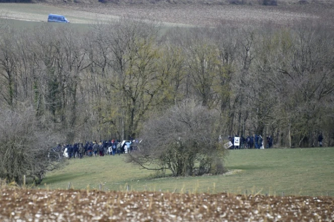 Rassemblement contre le projet d'enfouissement des déchets nucléaires à Bure (Meuse) le 4 mars 2018, près du bois Lejuc, qui avait alors été évacué