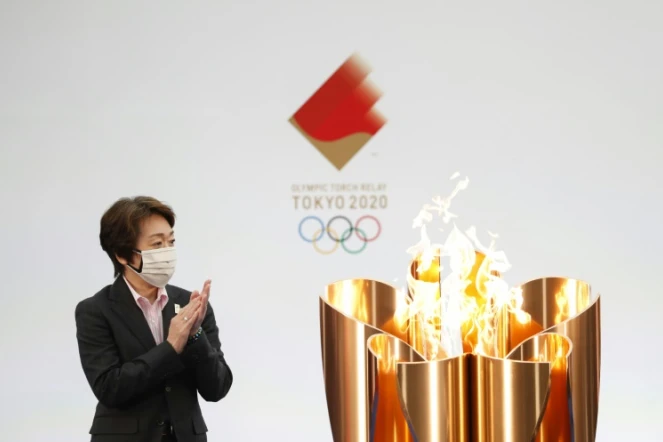 La présidente de Tokyo-2020 Seiko Hashimoto lors de la cérémonie pour le lancement du relais de la flamme olympique à Naraha (Japon) le 25 mars 2021
