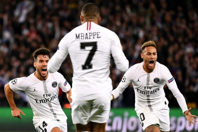 Les Parisiens (de g. à d.) Juan Bernat, Kylian Mbappé et Neymar contre Liverpool en Ligue des champions, le 28 novembre 2018 au Parc des Princes