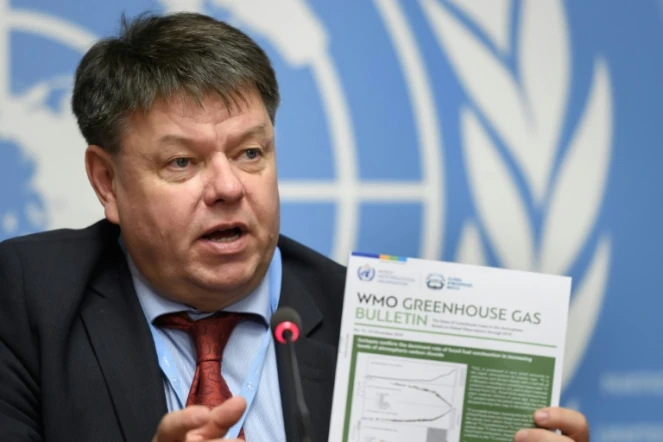 Le secrétaire général de l'Organisation météorologique mondiale (OMM), Petteri Taalas, lors de la publication du bulletin annuel sur les concentrations de gaz à effet de serre (GES, le 25 novembre 2019 à Genève