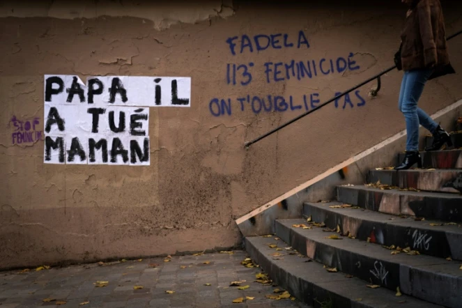 Une banderole "Papa a tué maman" collée sur un mur contre les violences faites aux femmes, le 25 novembre 2019 à Paris