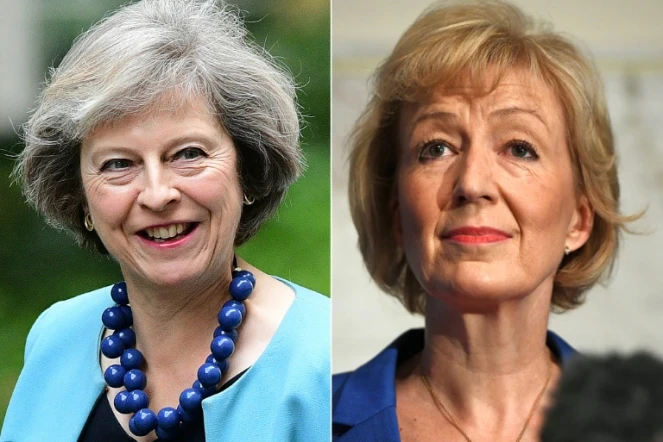 Montage de portraits de Theresa May le 27 juin 2016 à Londres et de Andrea Leadsom le 4 juillet 2016 à Londres