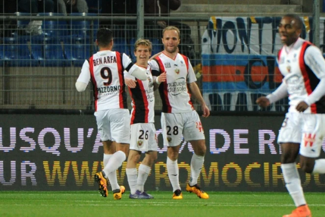 La joie des joueurs niçois après le but de Valère Germain contre Montpellier à La Mosson, le 12 mars 2016