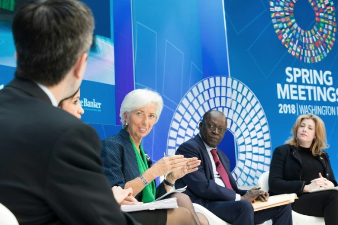 Photo fournie par le FMI montrant sa directrice générale Christine Lagarde (G) lors d'une conférence sur la corruption à Washington le 22 avril 2018