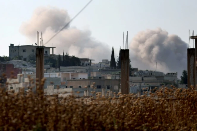 Panaches de fumée après des bombardements du régime syrien sur le village de Hamameyat dans la province de Hama le 11 juillet 2019