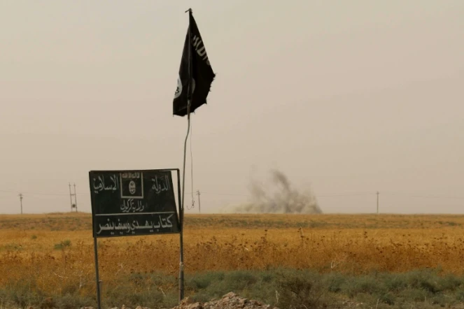 Drapeau et panneau de l'organisation État islamique (EI) le 11 septembre 2015 à Daquq en Irak