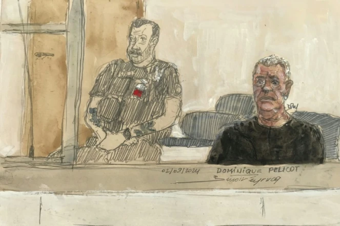 Croquis d'audience montrant Dominique Pelicot dans son box du tribunal d'Avignon, le 2 septembre 2024