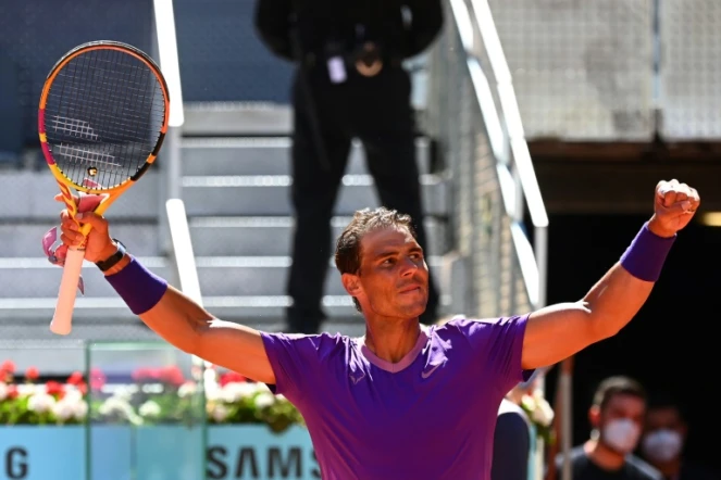 L'Espagnol Rafael Nadal, vainqueur de l'Australien Alexei Popyrin en 8e de finale du Masters 1000 de Madrid, le 6 mai 2021