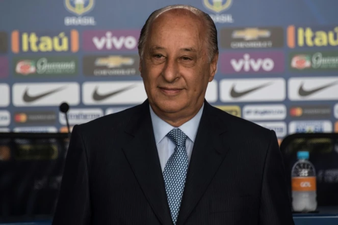 Le Brésilien Marco Polo Del Nero, président de la Confédération brésilienne de football (CBF), lors d'une conférence de presse, à Sao Paulo, le 3 mars 2017