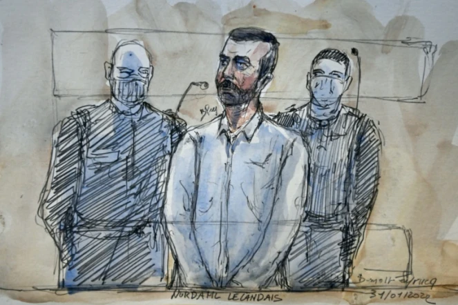 Croquis d'audience du 11 février 2022 de Nordahl Lelandais pendant son procès pour le meurtre de Maëlys de Araujo devant la cour d'assises de Grenoble