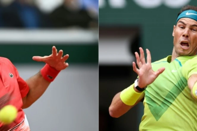 Montage photo du Serbe Novak Djokovic et de l'Espagnol Rafael Nadal, qui seront opposés en quart de finale, le 31 mai 2022 au tournoi de  Roland-Garros