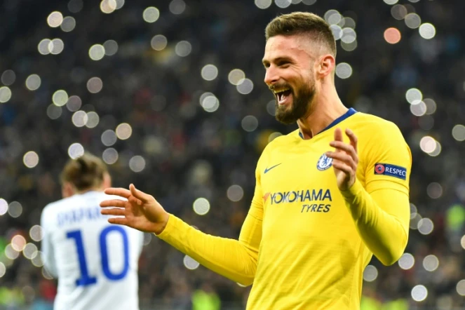 La joie d'Olivier Giroud auteur d'un triplé avec Chelsea sur la pelouse du Dinamo Kiev en Ligue Europa, le 14 mars 2019 