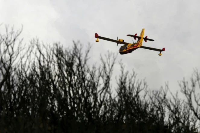 Un avion bombardier d'eau passe au dessus du Cap Corse ravagé par un incendie, le 12 août 2017