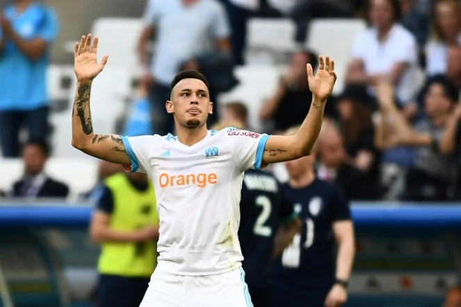 L'attaquant argentin de Marseille Lucas Ocampos auteur d'un but lors de la réception de Lille le 21 avril 2018