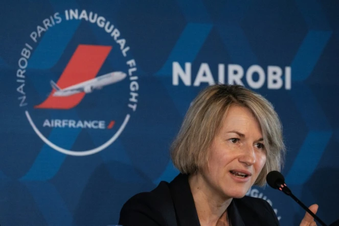 Anne Rigail lors d'une conférence de presse à l'occasion du lancement de la ligne Paris-Nairobi, à Nairobi le 26 mars 2018