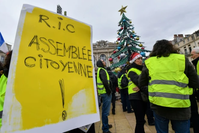 Un manifestant appelle à un RIC (référendum d'initiative citoyenne), à Montpellier, le 15 décembre 2018