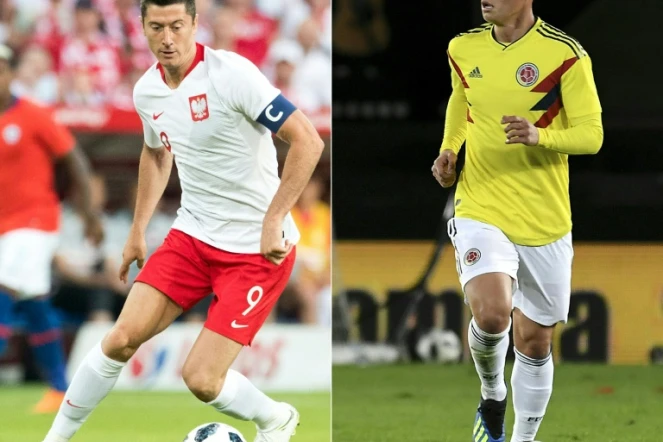 Montage photographique réalisé le 22 juin 2018 montrant le Polonais Robert Lewandowski (g) et le Colombien James Rodriguez, tous deux joueurs du Bayern Munich  