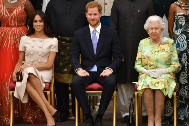 Meghan Markle, le prince Harry et la reine Elizabeth II à Bunckingham Palace, en juin 2018