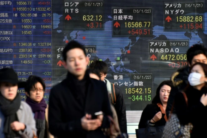 Des piétons passent devant un tableau indiquant les cours de la bourse, à Tokyo le 22 janvier 2016