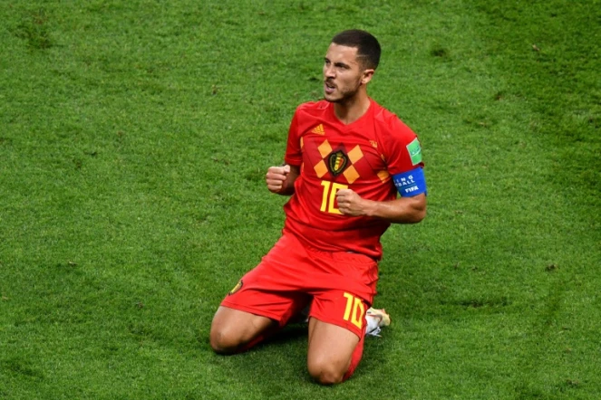 L'attaquant Eden Hazard célèbre la victoire de la Belgique en quarts de finale face au Brésil, à Kazan, le 6 juillet 2018