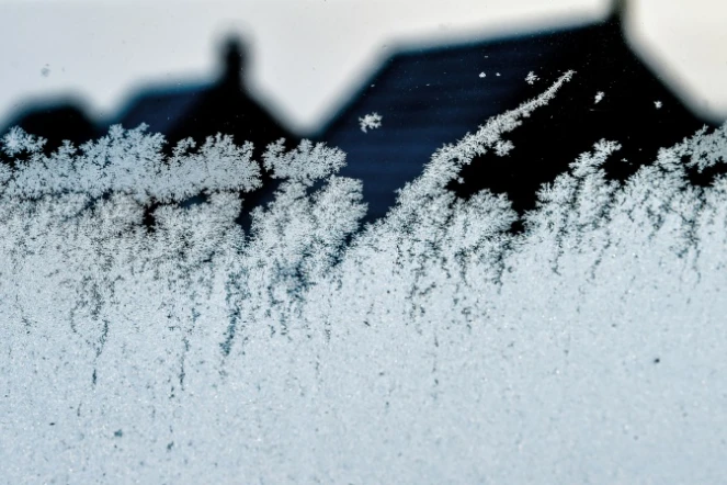 A Godewaersvelde (Nord), du givre sur une vitre, le 22 février 2018