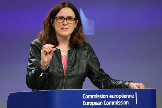 La commissaire européenne au Commerce Cecilia Malmström donne une conférence de presse à Bruxelles, le 7 mars 2018