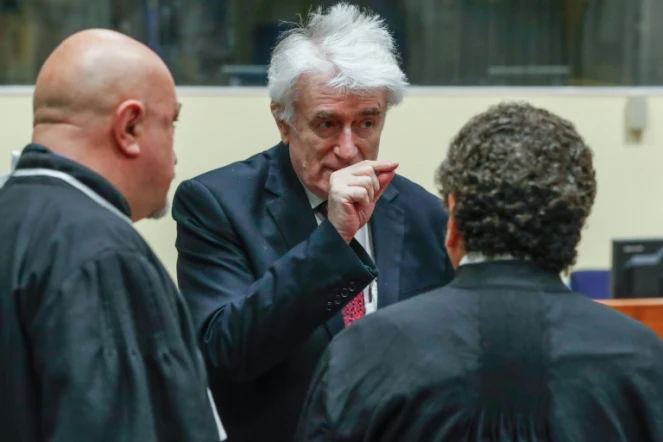 L'ex-chef politique des Serbes de Bosnie Radovan Karadzic (c) comparaît devant la justice internationale à La Haye, le 23 avril 2018