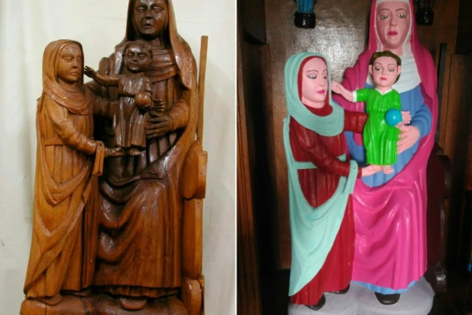 Montage réalisé le 7 septembre 2018 montrant l'original d'une statue de la Vierge en bois datant du XVe siècle et sa "restauration" effectuée par une habitante d'un hameau du Nord de l'Espagne 
