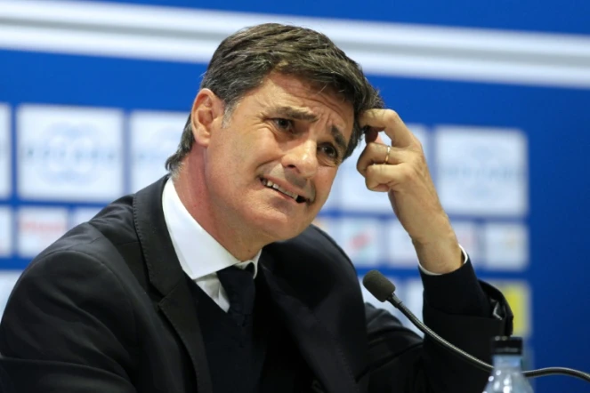 L'entraîneur de Marseille Michel en conférence de presse après la défaite face à Bastia, le 3 avril 2016 au stade Armand Cesari 