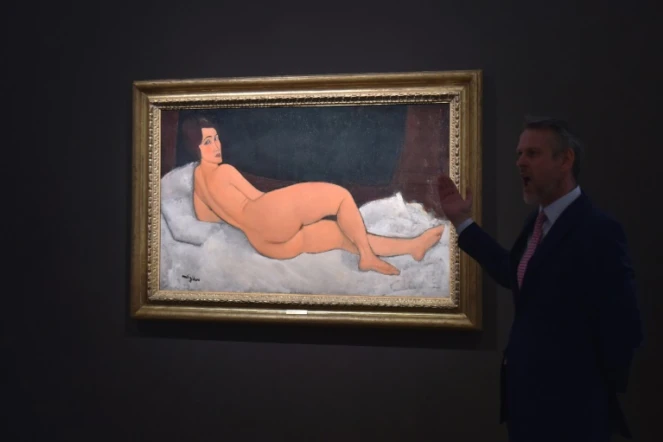 Le tableau "Nu Couché (sur le côté gauche)" d'Amedeo Modigliani présenté par Sotheby's à New York le 4 mai 2018 