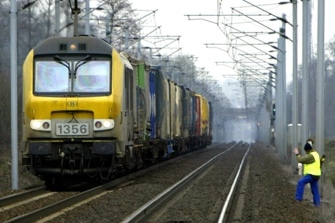 Un cheminot inspecte les rails de la ligne Paris-Strasbourg après une alerte à la bombe, le 25 mars 2004, à Vendenheim, en Alsace