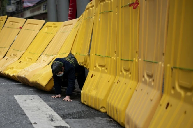 Une habitante de Wuhan, en Chine, épicentre de l'épidémie à ses débuts, passe sous une barricade, le 2 avril 2020   