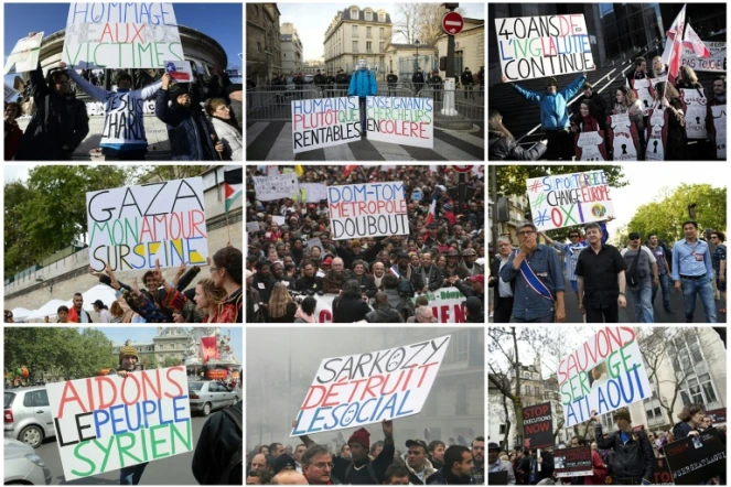 Photos montrant Jean-Baptiste Reddé, alias Voltuan, et ses fameuses pancartes, prises au cours de différentes manifestations à Paris entre 2009 et 2015