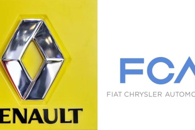 Le logo du constructeur automobile Renault (G)photo prise le 2 mars 2011, et celui de FCA, Fiat Chrysler Automobiles, datant du 29 janvier 2014