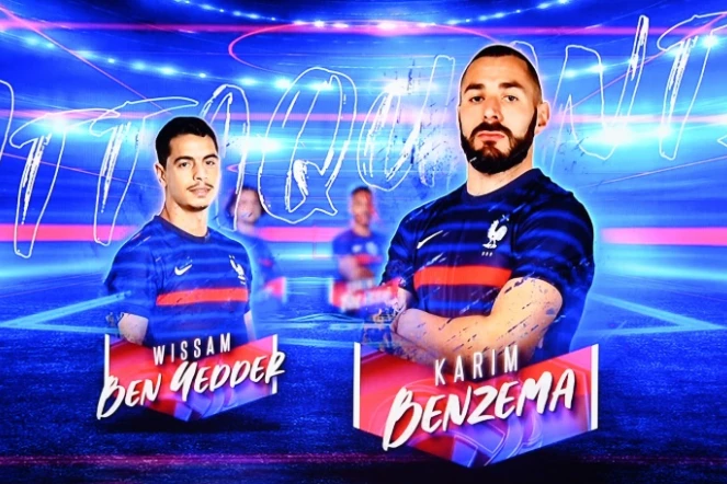 Le portrait de Karim Benzema (au premier plan) se dévoile lors de l'annonce des joueurs retenus pour l'Euro sur le plateau de TF1 à Boulogne Billancourt, le 18 mai 2021 