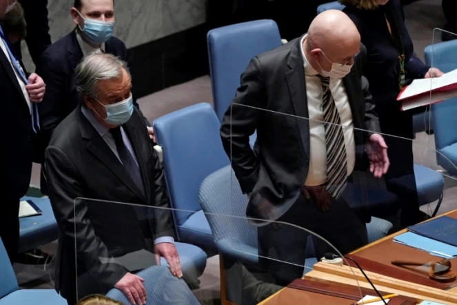 Antonio Guterres (gauche) et Vasily Nebenzya à New York le 23 février 2022