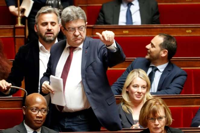 Le chef de file de "La France Insoumise" Jean-Luc Mélenchon (C)lors des questions au gouvernement, le 11 avril 2018 à l'Assemblée à Paris 