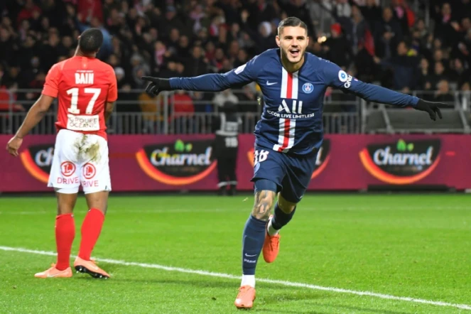 L'attaquant argentin du Paris Saint-Germain Mauro Icardi savoure un but inscrit à Brest en Ligue 1 le 9 novembre 2019. 