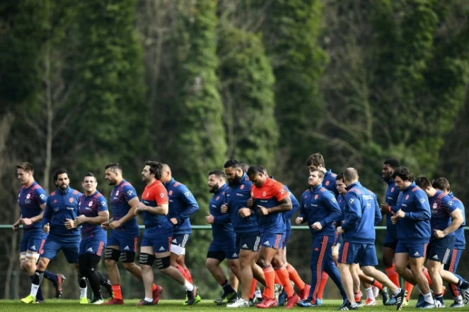 Le XV de France à l'entraînement au centre du rugby de Marcoussis, le 17 mars 2017 à la veille du choc contre le pays de Galles 