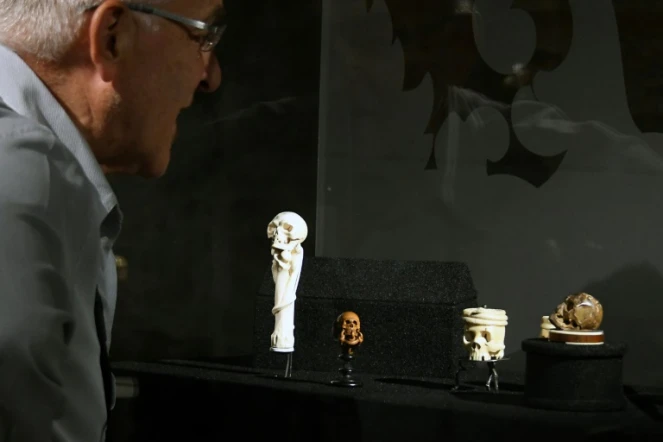 L'étonnante collection de crânes miniatures rassemblés au début du XXe siècle par la baronne Henri de Rothschild présentée à la fondation Bemberg, à Toulouse le 29 juin 2018 

