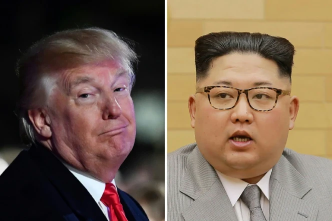 Le président américain Donald Trump à Washington le 30 novembre 2017 et le dirigeant nord-coréen Kim Jong Un sur une photographie fournie par l'agence officielle nord-coréenne Korean Central News Agency (KCNA) le 1er janvier 2018