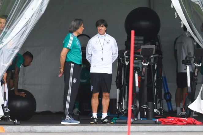 Le sélectionneur de l'Allemagne Joachim Lôw et le médécin de l'équipe Hans-Wilhelm Müller Wohlfart lors d'un entraînement le 14 juin 2018, à Vatutinki près de Moscou