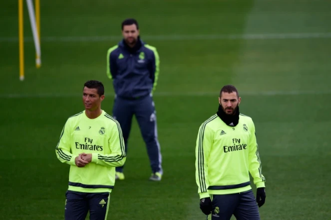 Les attaquants du Real Cristiano Ronaldo et Karim Benzema, à l'entraînement le 19 mars 2016 à Madrid
