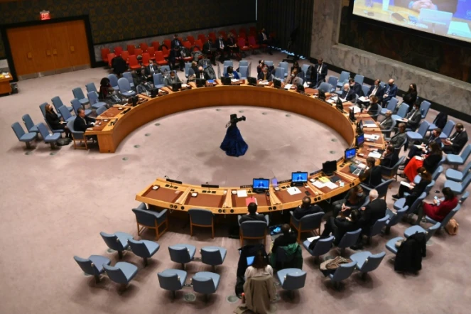 Photo d'archives montrant le Conseil de sécurité de l'ONU le 28 février 2022 lors d'une première session consacrée à la crise humanitaire en Ukraine due à l'invasion de la Russie. Une deuxième réunion sur ce même thème a été organisée le 7 mars 2022