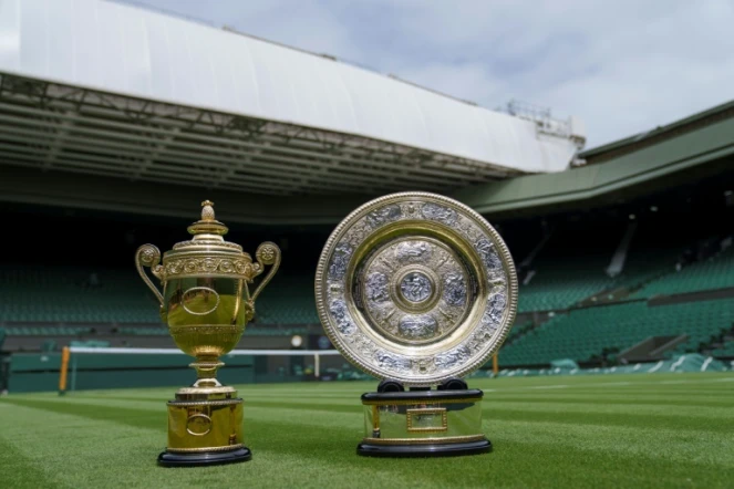 Les trophées qui seront remis aux vainqueurs en simples messieurs (g) et simples dames au tournoi de Wimbledon, sont exposés sur le court central, le 26 juin 2021 à Londres, à la veille de l'ouverture du 3e tournoi du Grand Chelem de l'année