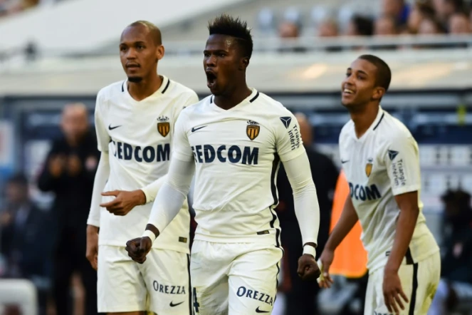 L'attaquant Keita Baldé (c) exulte  après avoir ouvert le score pour Monaco face à Bordeaux au Matmut Atlantique, le 28 octobre 2018    