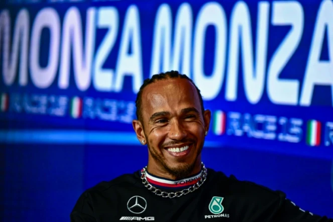 Le pilote Mercedes Lewis Hamilton lors d'un point presse à Monza, le 31 août 2023