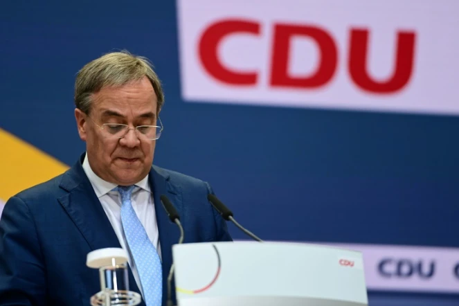 Armin Laschet, président de la CDU et candidat à la succesion d'Angela Merkel, lors d'une conférence de presse après les résultats aux législatives, le 27 septembre 2021 à Berlin